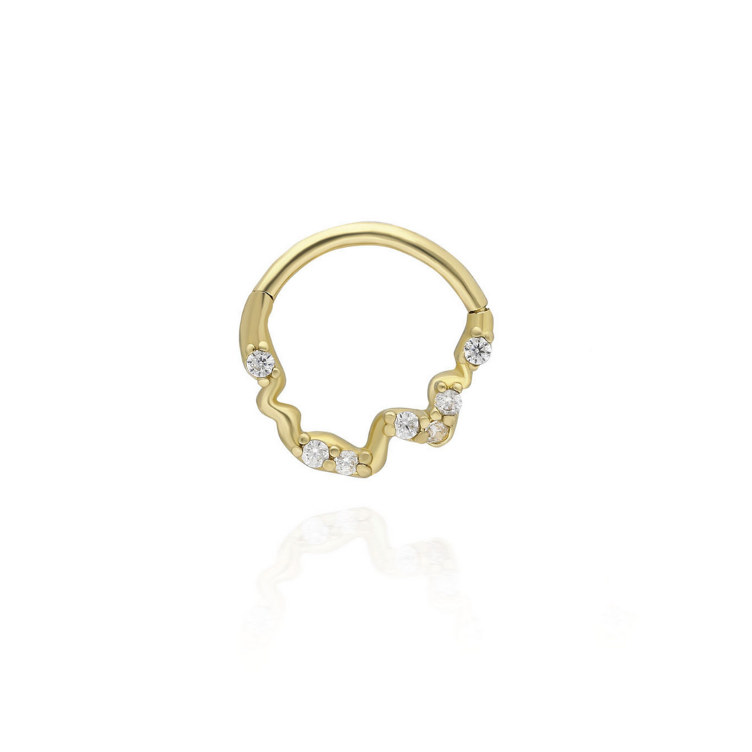 14K Solid Gold Clicker Hoop Piercing Stone Wave Design