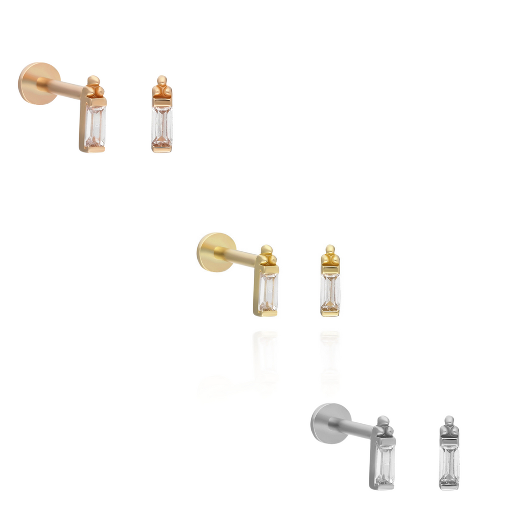 14K Solid Gold Threadless Piercing Baguette