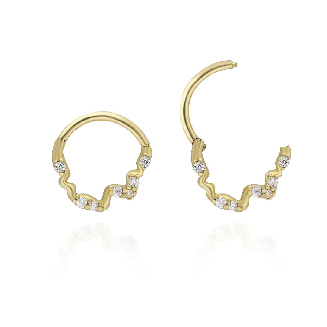 14K Solid Gold Clicker Hoop Piercing Stone Wave Design