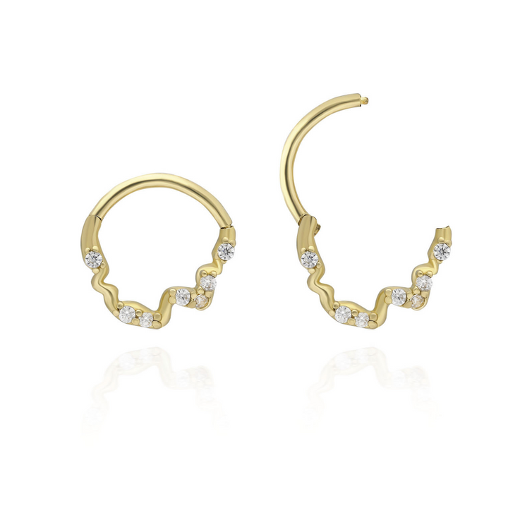 14K Solid Gold Clicker Hoop Piercing Stone Wave Design