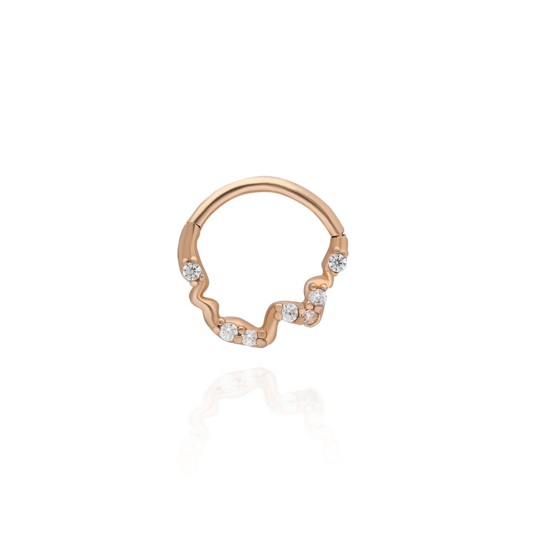 14K Solid Gold Clicker Hoop Piercing Stone Wave Design