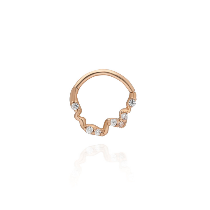 14K Solid Gold Clicker Hoop Piercing Stone Wave Design
