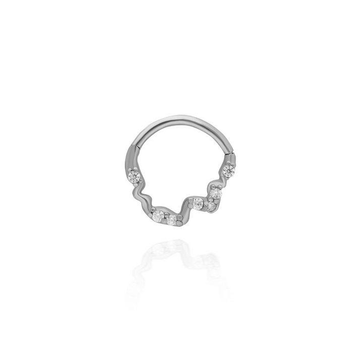 14K Solid Gold Clicker Hoop Piercing Stone Wave Design